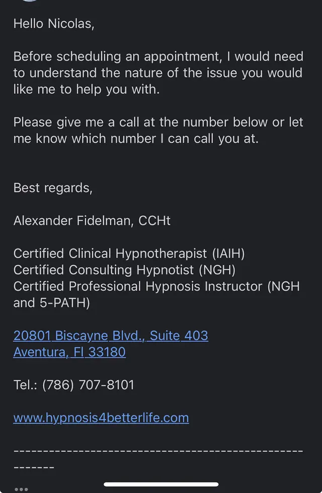 Hypnosis 4 Better Life, Hypnotherapy by A. Fidelman, Certified Clinical Hypnotherapist, Miami — customer photo 8