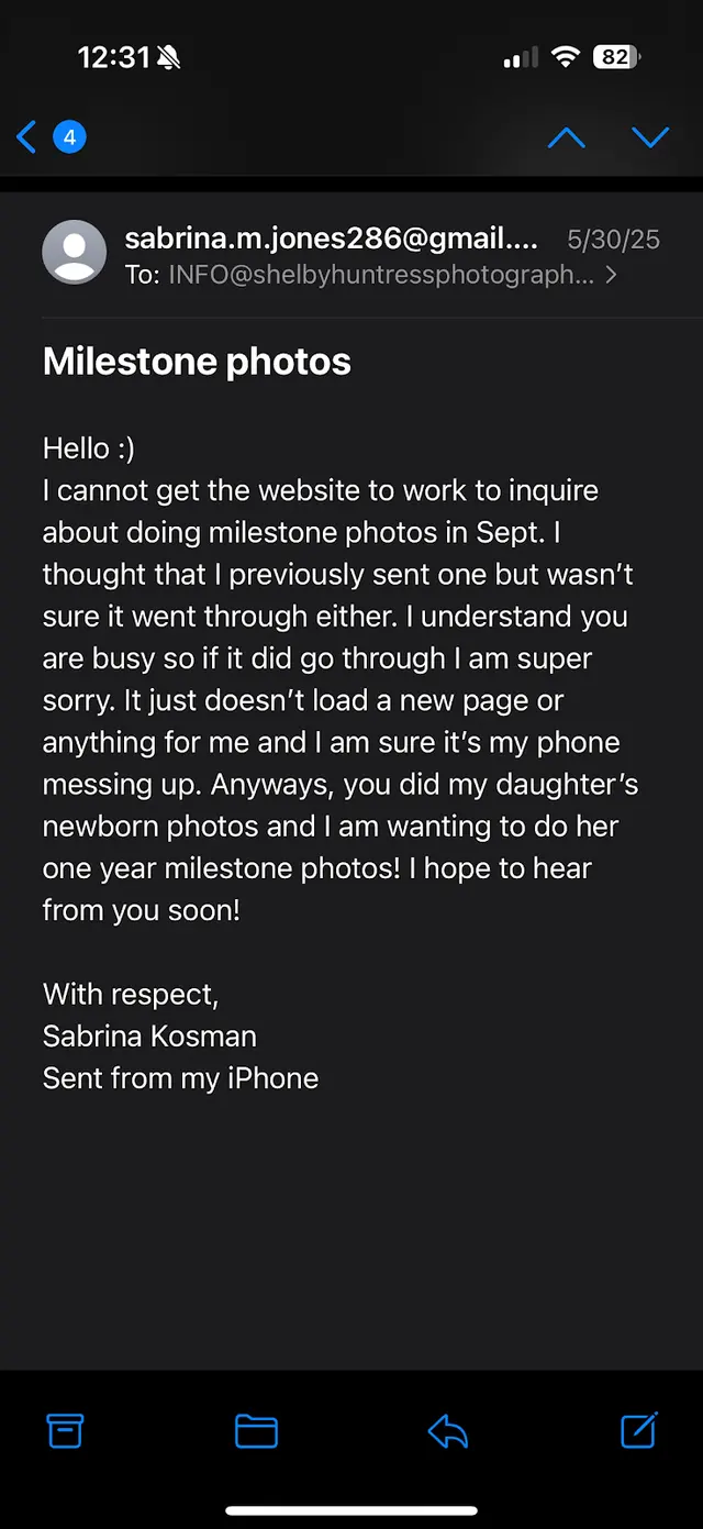 Customer photo of work by Shelby Huntress Photography, from Sabrina Kosman's review